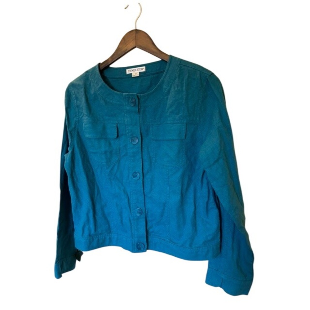Pendleton Teal Blue Linen Blend Button Front Jacket Medium Chest Pockets